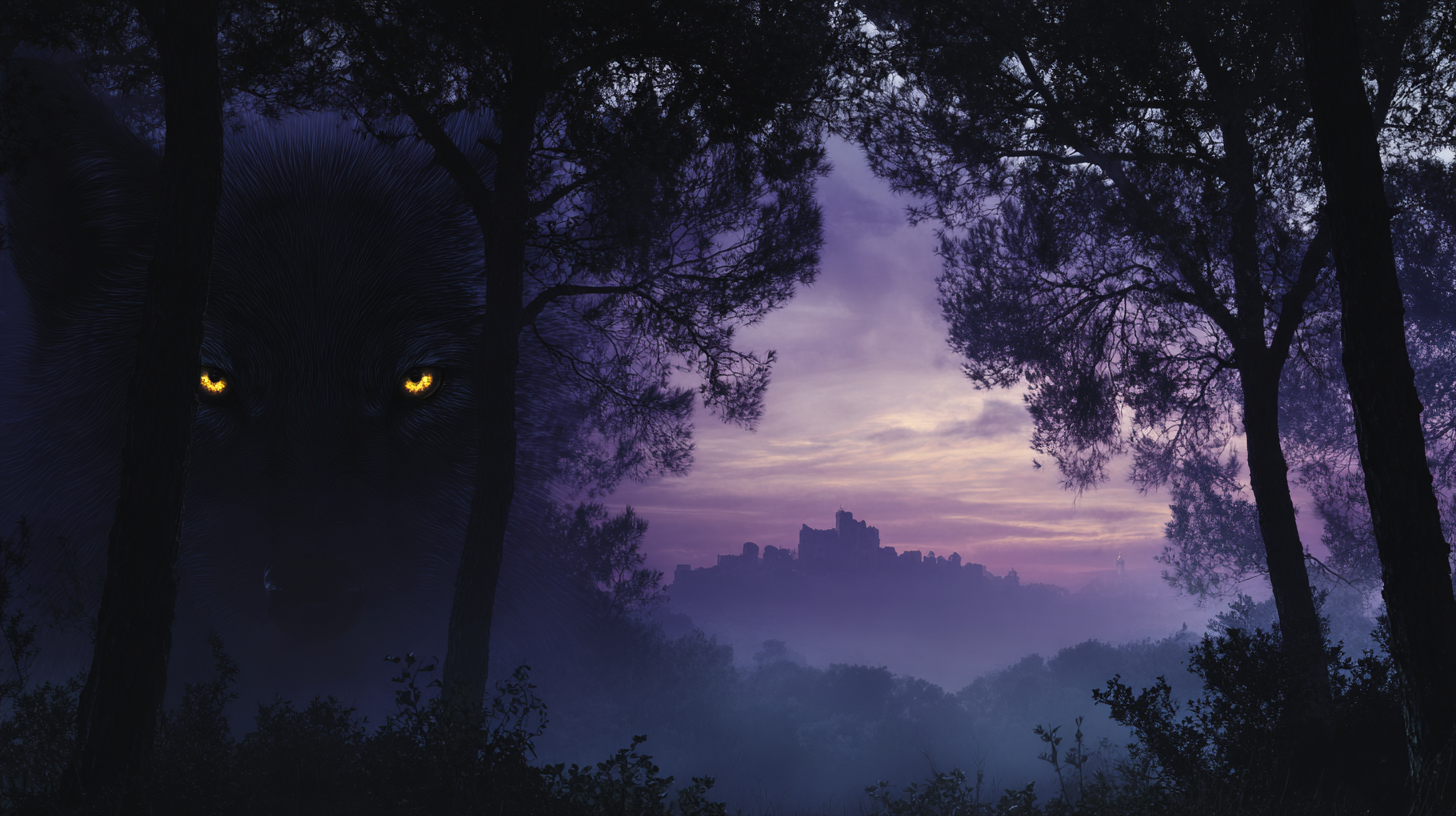 A dark forest at twilight: a wolf’s eyes glow among the trees, and a castle stands on the horizon under a lavender sky.